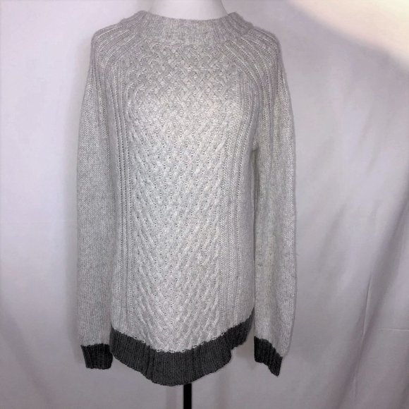 Anthropologie SPARROW Cable Knit Sweater XL Grey Black Trim Tunic Mock Neck - Picture 1 of 13